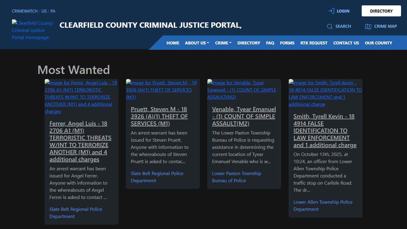 Most Wanted for Clearfield County Criminal Justice Portal CRIMEWATCH